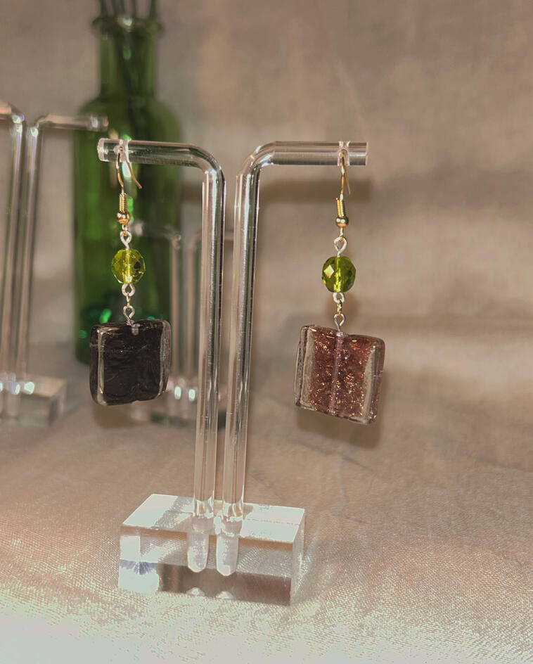 Custom stainless steel earrings made with glass beads. Custom stainless steel earrings made with glass beads.